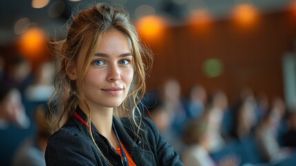 female physicist presenting research findings at an international conference