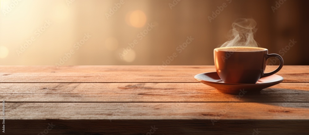 Poster a cup of coffee placed on a wooden table with enough space around it in the image for any additional