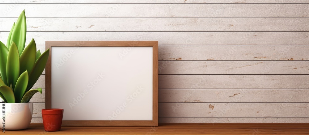 Poster copy space image of a plant and empty photo frame placed on a shelf against a backdrop of a wooden w