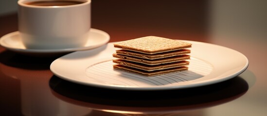 A plate holding wafer layers sits on a table ready to be enjoyed with coffee hot drinks or cold beverages The image provides a suitable background with ample space for additional text