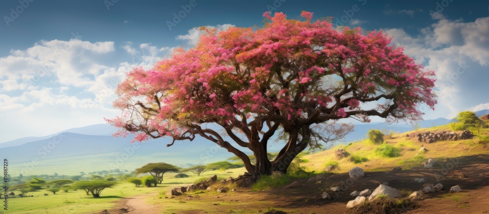 Poster a radhacrura tree in full bloom with abundant flowers creating an enchanting sight. copyspace image