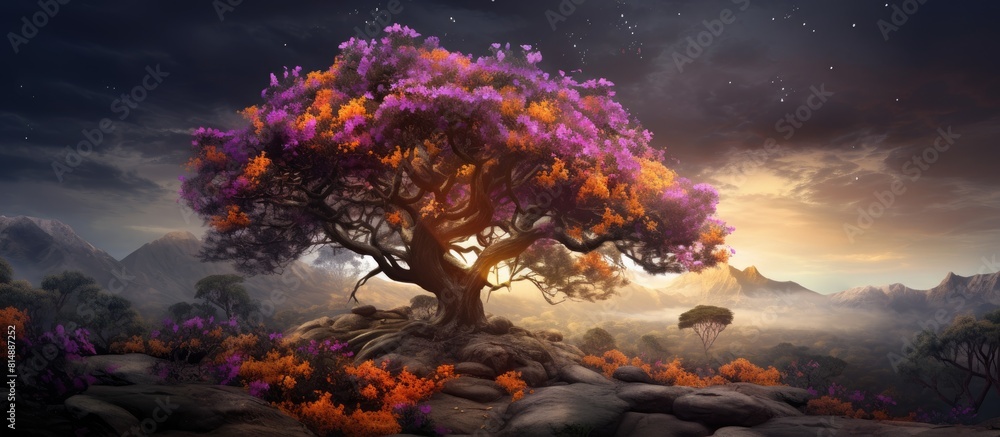 Poster a radhacrura tree in full bloom with abundant flowers creating an enchanting sight. copyspace image