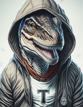 パーカーを着たリアルなティラノサウルスのイラスト