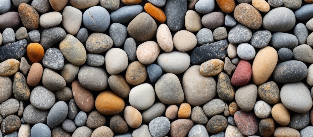 Poster copy space image of small smooth rounded rock pebbles providing a textured background for adding tex
