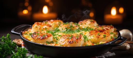 Scallops au gratin cooked to perfection with a delightful blend of fresh parsley and zesty tangy lemon captured in a captivating copy space image