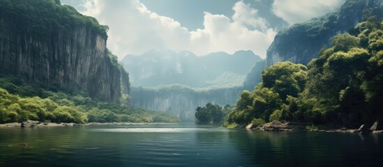 A scenic mountain lake surrounded by lush vegetation and a towering cliff with a textured water surface and space for text or images. Copyspace image