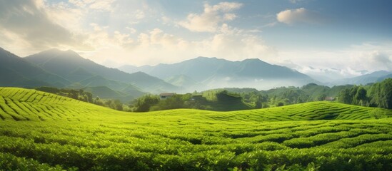 Fototapeta premium A scenic view of a tea field with beautiful natural scenery. Copyspace image