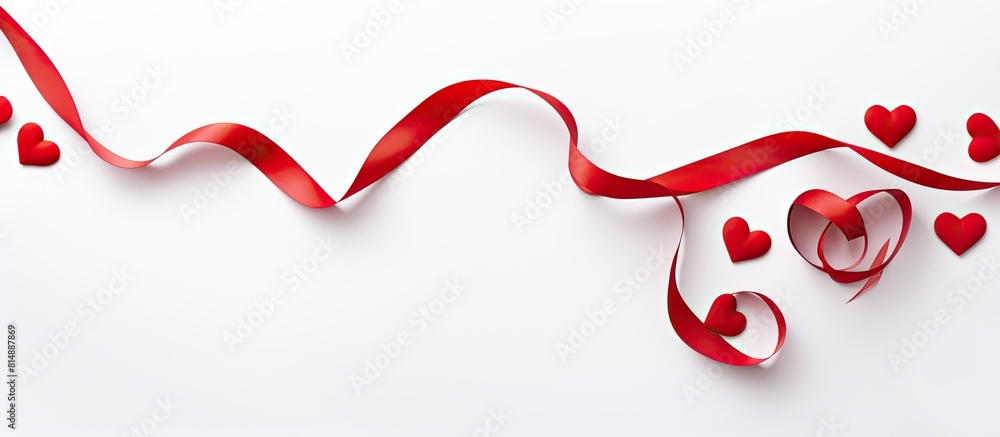 Poster copy space image of a red ribbon shaped as a heart set against a white backdrop capturing the essenc