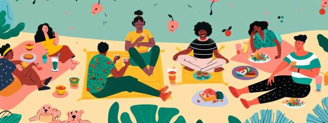 A group of people are sitting around a picnic table eating food