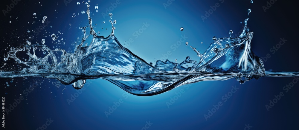 Poster a close up image of a water splash showcasing its intricate details against a sleek deep blue backdr