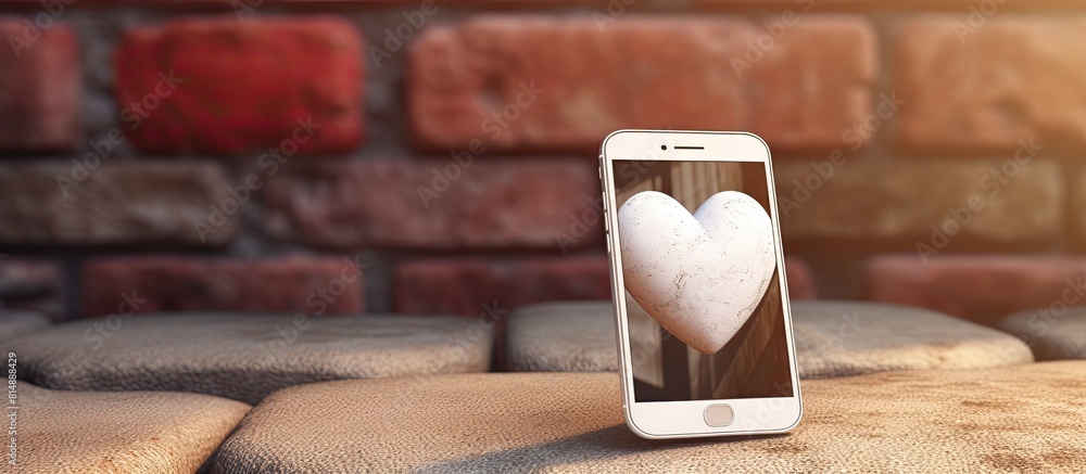 Poster a white smartphone and a handcrafted heart placed on a brick with plenty of empty space in the image