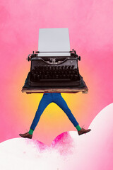 Composite trend artwork sketch image photo collage of incognito person wear huge typewriter machine...