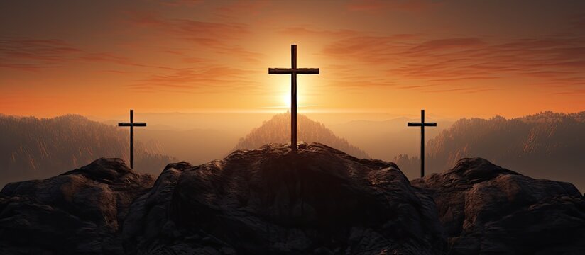At sunrise there is a copy space image of three crosses being crucified on a hill