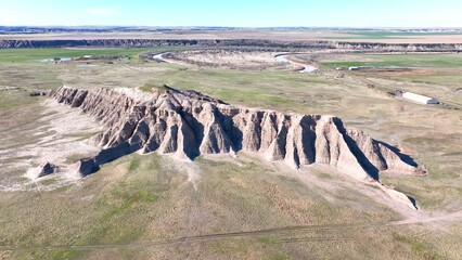 Looking down on Badlands South Dakota eroding rock formations and sedimentation soil layers with prehistoric fossilized remains in Butte where inland sea was 75 million years ago