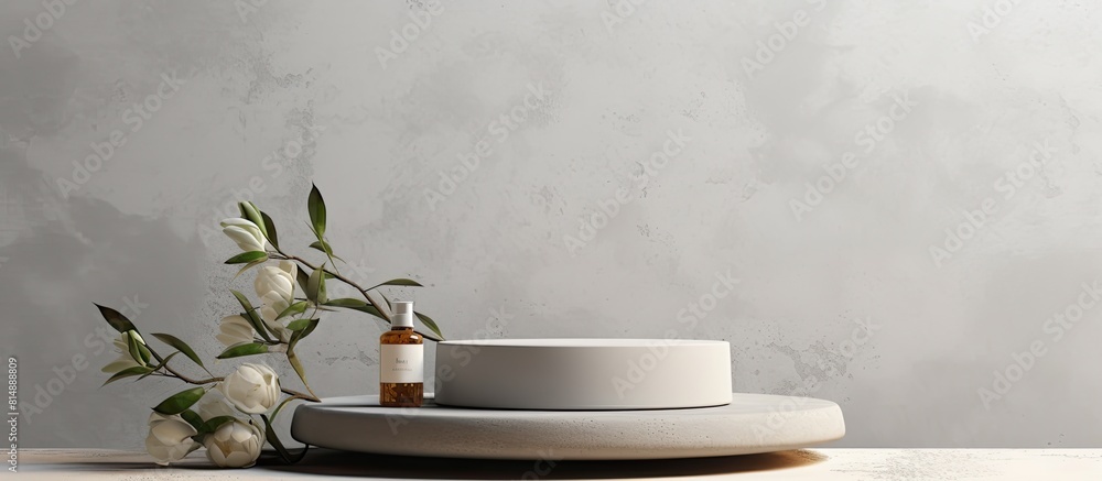 Poster a concrete or stone podium serving as a display stand for your product with a cosmetic themed backgr