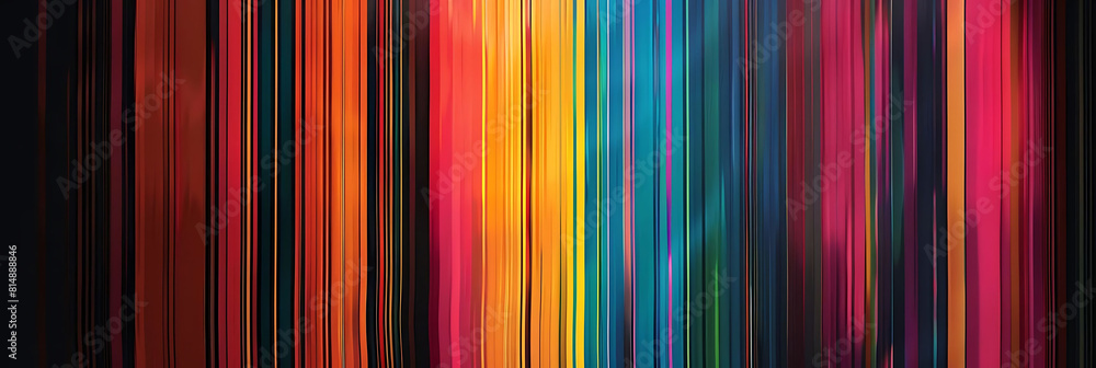 Poster vertical lines in bright colors on dark background, featuring a row of colorful tiles on the left, a