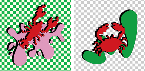 Trendy Y2k retro sticker. Naive playful pixel shapes. Vintage Comic style and Cyber aesthetic. Voxel art. Checkered background. Cancer and lobster with blow shapes. Maximalism.