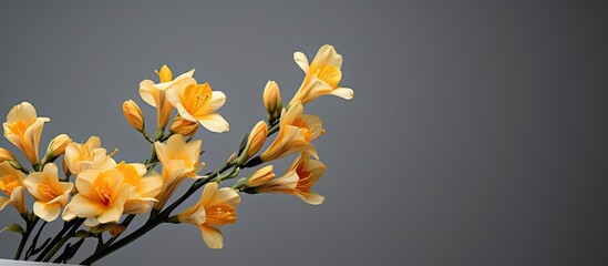 Copy space image of stunning freesia flowers against a subtle grey backdrop