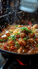 Bowl of ramen asian noodle soup with chicken, eggs and tofu. AI Generative