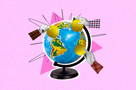 Creative collage planet earth globe human hands map ocean continent donation golden coin support finance drawing background