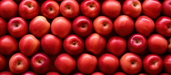 A wooden surface beneath showcases a top view of ripe red apples arranged in a grid like pattern The fresh fruits offer a copy space image