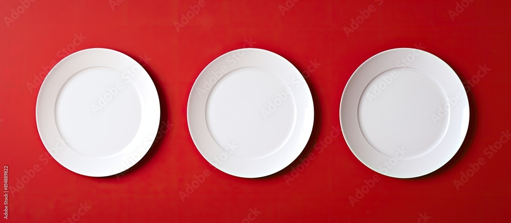 Poster there are three white plates placed on a red paper background with ample copy space for images