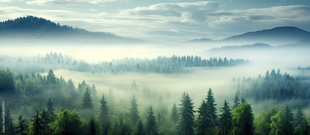 Poster beautiful natural landscape in the summer time with a mist covered forest serving as a captivating b