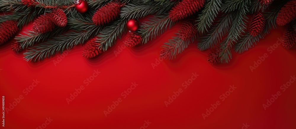 Poster a top down view of fir tree branches on a red background provides a festive setting with ample copy 