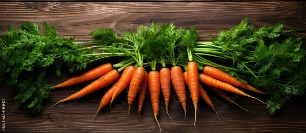 Poster a top down view of delicious fresh carrots arranged neatly on a wooden table with plenty of empty sp