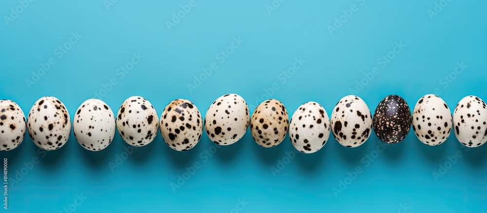 Aufkleber a top down view of numerous speckled quail eggs on a vibrant blue backdrop providing ample room for 