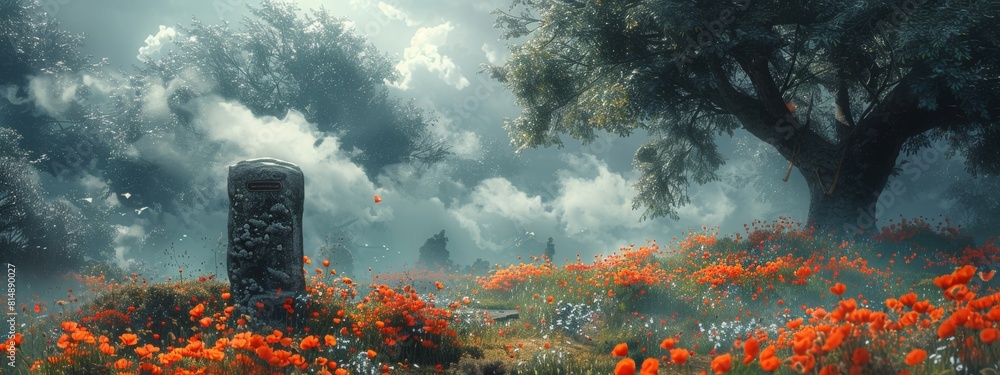 Poster a field of red flowers with a large archway in the background