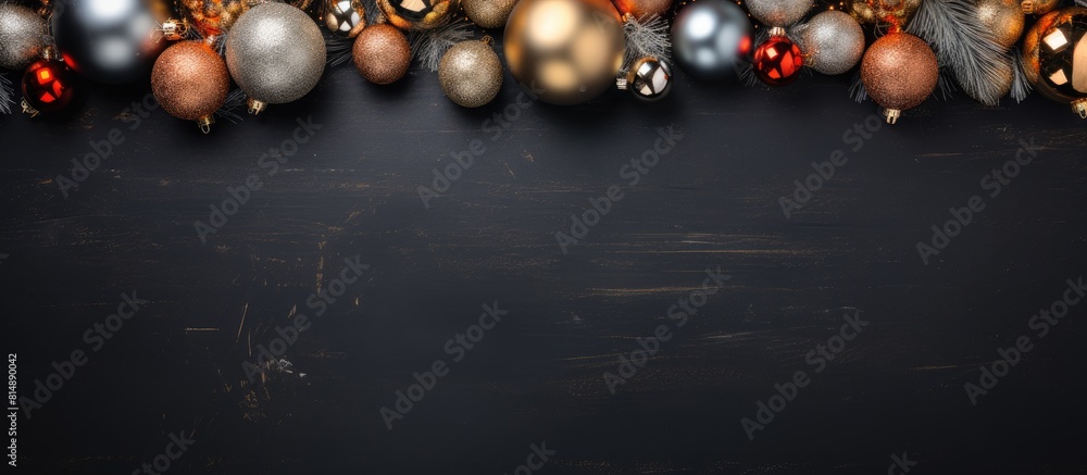 Poster a festive top down view of a glamorous christmas frame adorned with baubles against a dark backgroun