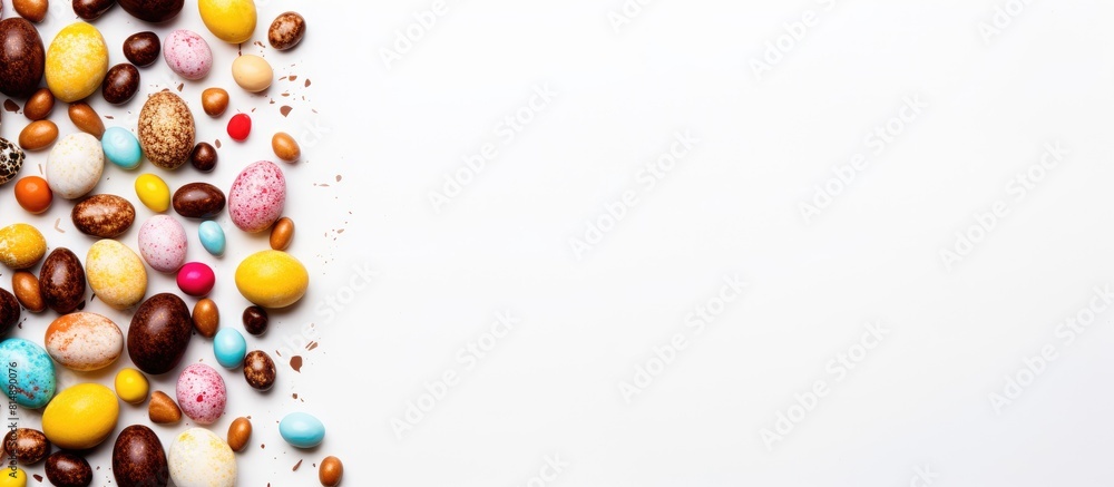 Poster a top down view of a white background with a flat lay of a festive easter frame created using vibran