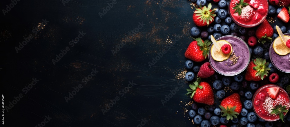 Aufkleber a top down view of fruit smoothies featuring blueberries and strawberries on a dark vintage backdrop