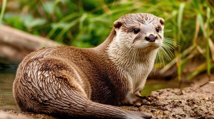 a European otter, sitting on the verdant bank of an English river, its fur glistening with moisture amidst lush green vegetation.