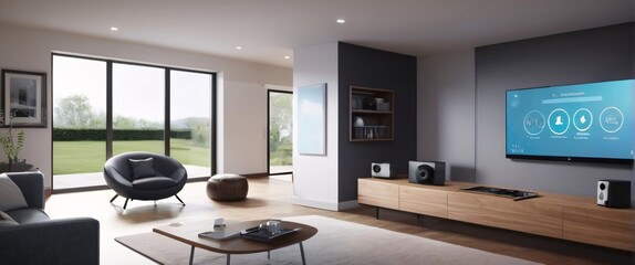 the entire room and create a sense of immersion for the viewer illustrate the concept of the Internet of Things with an image of a smart home, featuring various connected devices and appliances