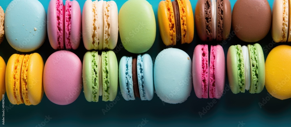 Poster top view of macarons or macaroons cookies arranged on a green background with a colorful and vibrant