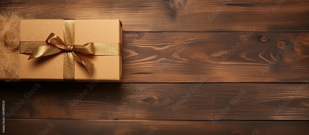 Poster a top view image of a brown gift box placed on a rustic wooden background with plenty of space for c