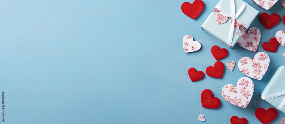 Poster top view flat lay of a valentine s day greeting card template adorned with gift boxes and heart shap