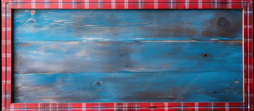 Poster top view of a blue wooden table with a frame made of red plaid texture it provides ample copy space 