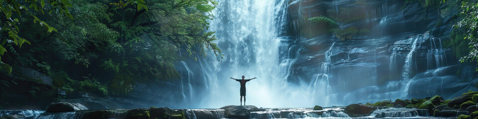Obraz premium Blissful Reflection: A person standing near a majestic waterfall with eyes closed, arms outstretched, feeling the refreshing mist and the power of nature.