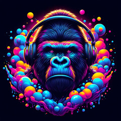 Digital art vibrant colorful gorilla with headphones listening to music