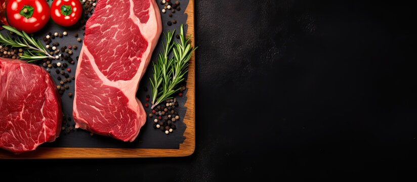 A black background with a top view of fresh raw beef meat steaks on a butcher cutting board Ample copy space available in the image
