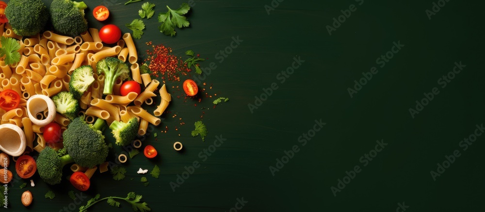 Poster a top view image of pasta with broccoli pepper and onion with copy space