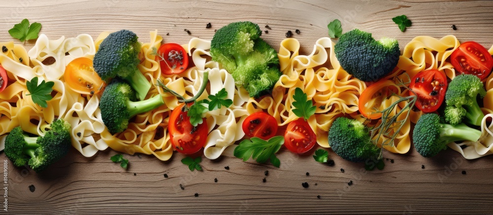Aufkleber a top view image of pasta with broccoli pepper and onion with copy space