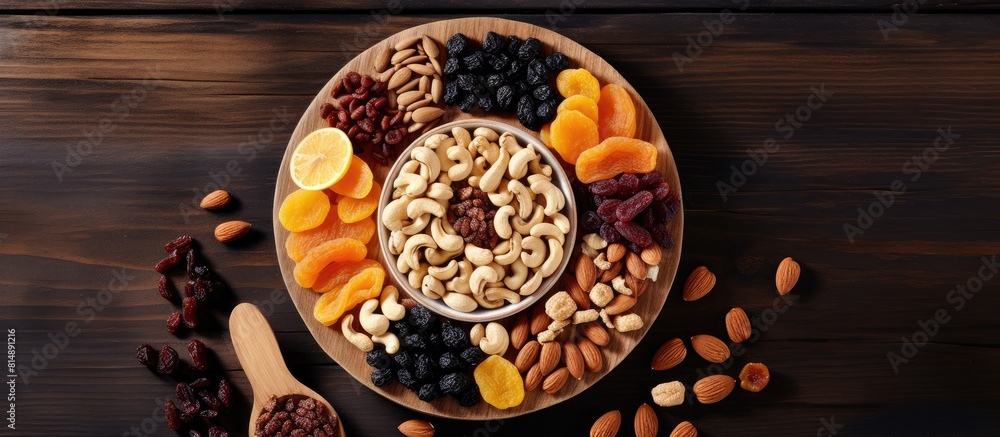 Poster top view of a table background featuring a bowl filled with an assortment of dried fruits creating a