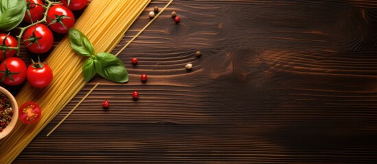 Top view of spaghetti with basil tomatoes and cheese on a wooden background providing ample copy space for text