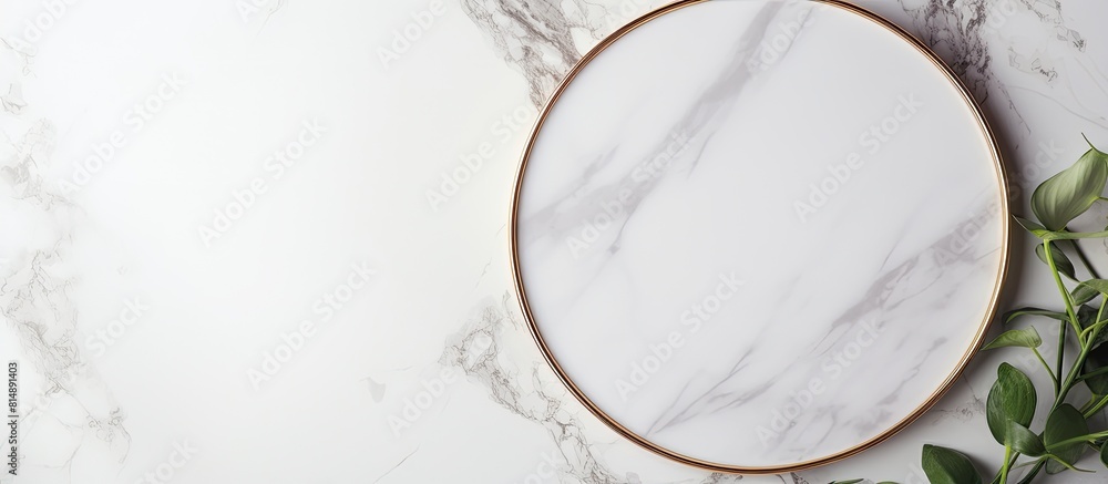 Aufkleber a trendy round frame with a sleek design is displayed on white marble providing an ideal copy space 
