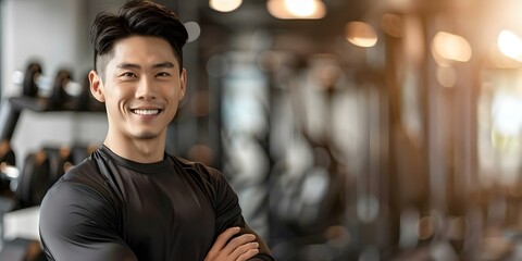 Fototapeta premium Asian male fitness trainer in gym smiling at camera promoting healthy lifestyle. Concept Fitness Training, Healthy Lifestyle, Gym Workout, Asian Male, Smiling Portrait