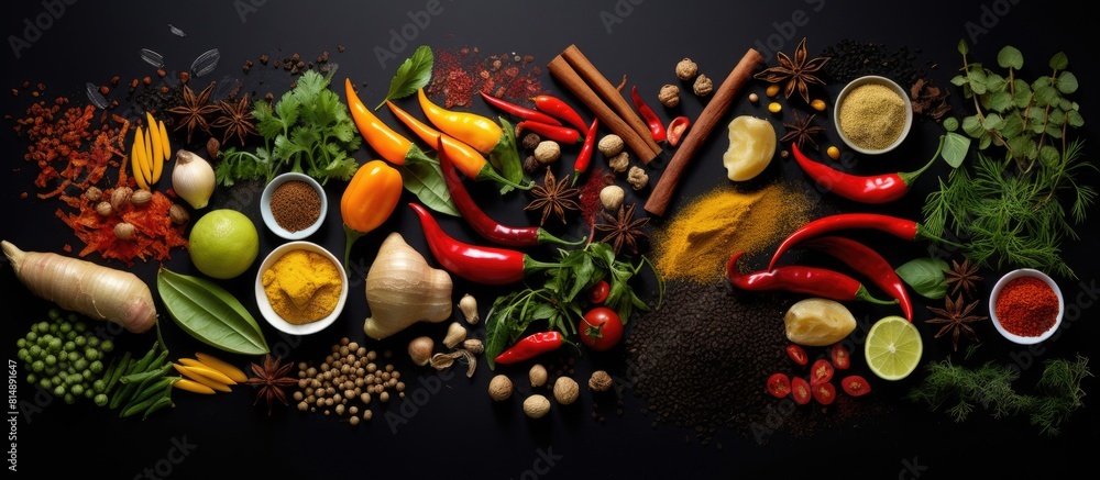Poster top view of various spices and raw dry vegetables arranged on a black background creating an appeali